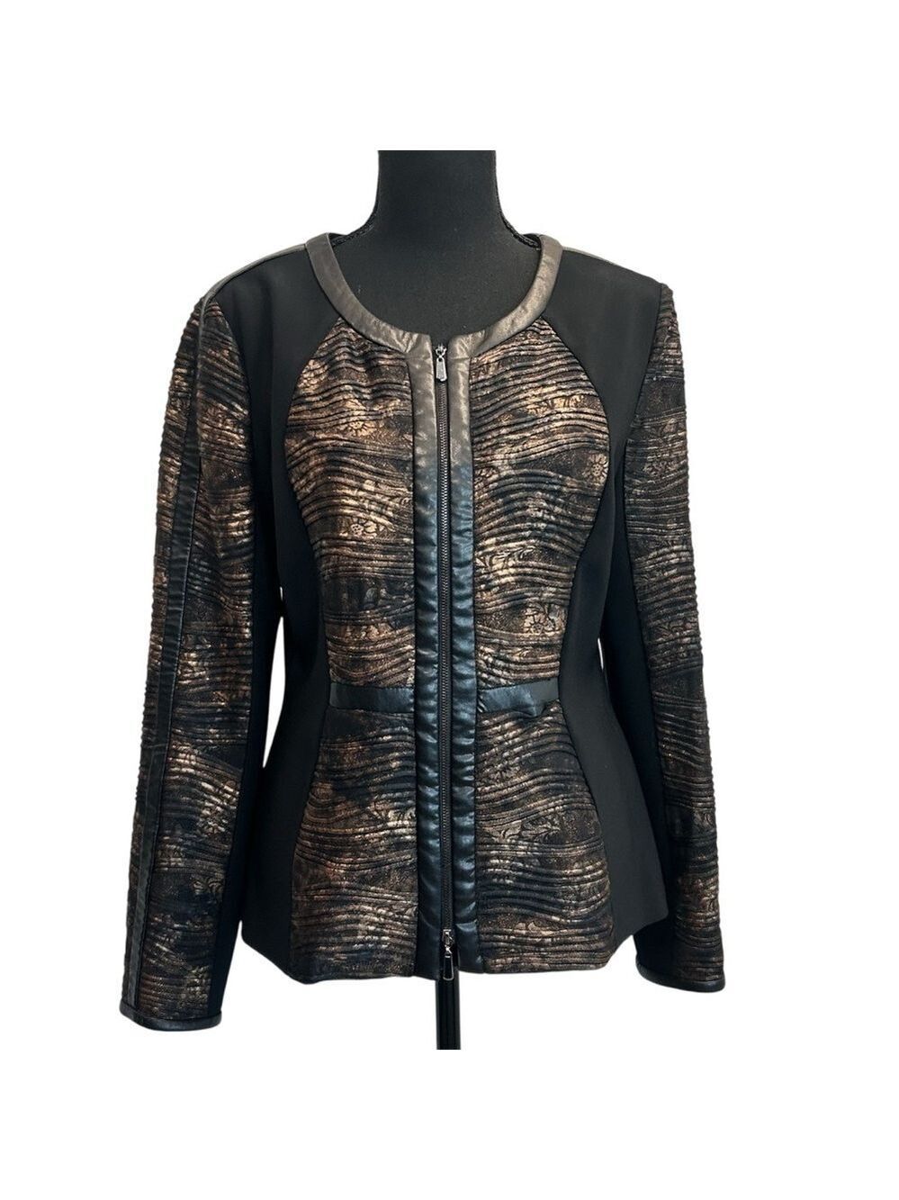 Joseph Ribkoff black bronze brown faux leather trim full zip jacket blazer 10